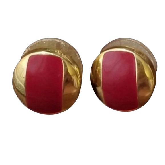 MONET 90S VINTAGE GOLDTONED & RED ENAMEL BUTTON STYLE EARRINGS - Picture 1 of 4
